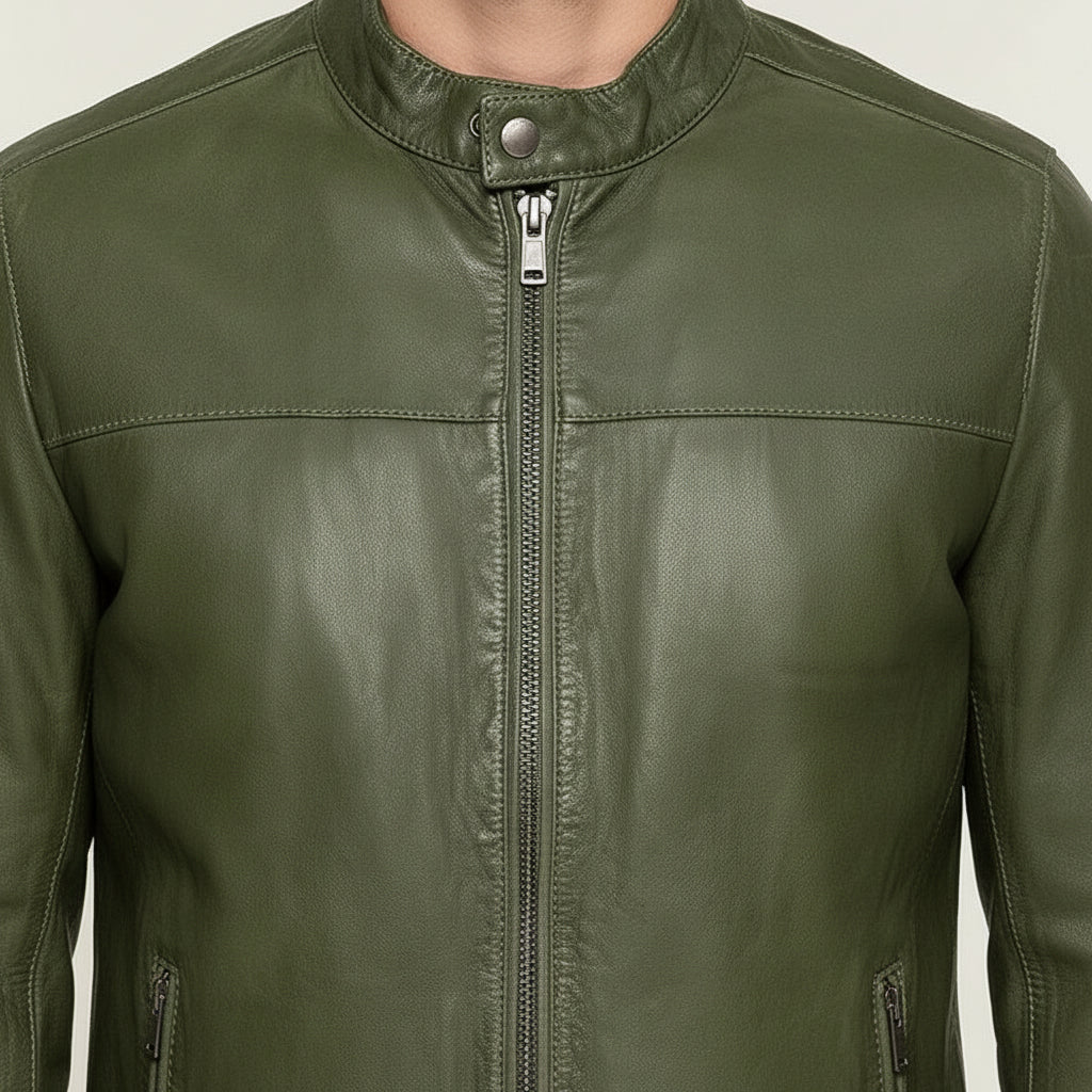 Handmade Men Green Slim Fit Leather Jacket, Real Leather Biker Jacket