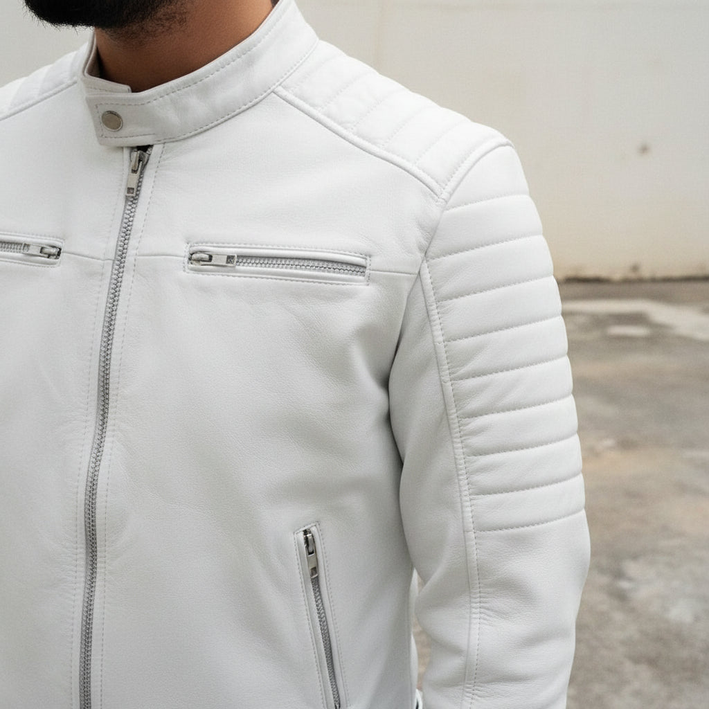 Handmade Men White Leather Slimfit Jacket, Men Motorcycle Jacket, Jacket for Men