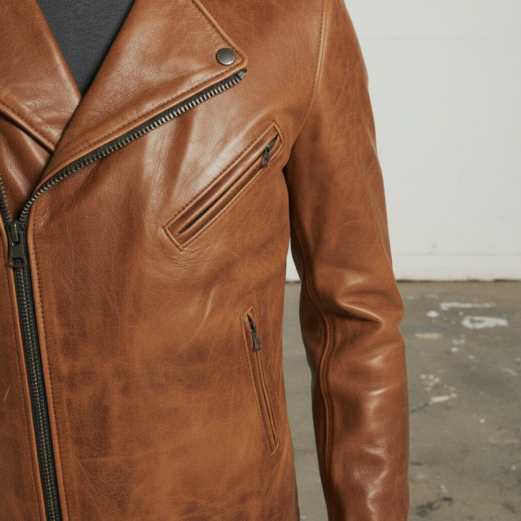 Men's Handmade Tan Brown Leather Brando Jacket, Genuine Brown Leather Biker Jacket