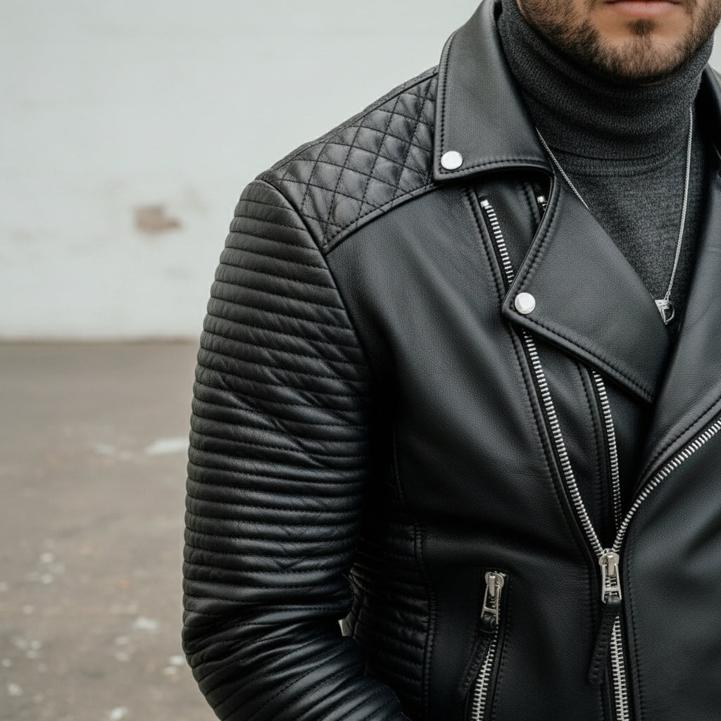 Handmade Men's Black Biker Leather Jacket, Black Sheep Leather Motorcycle Jacket for Men