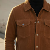 Men's Handmade Brown Suede Leather Trucker Jacket, Genuine Brown Western Soft Suede
