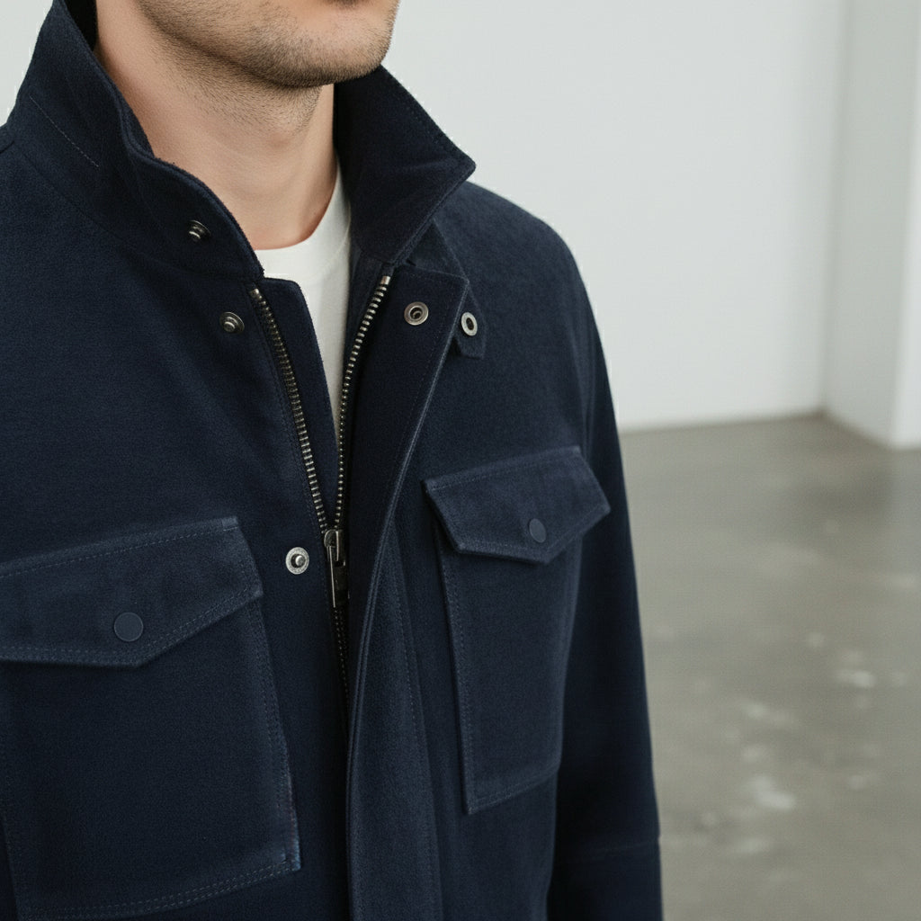 Handmade Men's  Navy Blue Suede Field Jacket