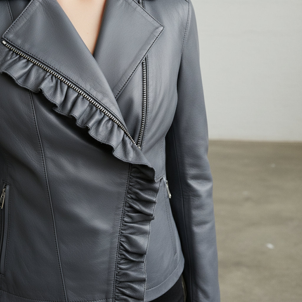Women's Slim Fit Leather Biker Jacket with Frill Detail