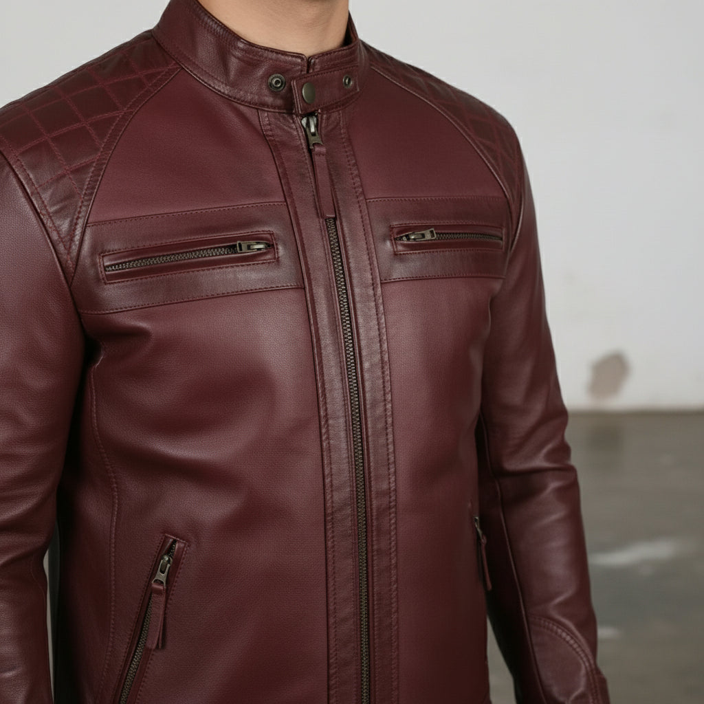 Handmade Maroon Leather Biker Jacket for Men. Motorcycle Jacket For Men