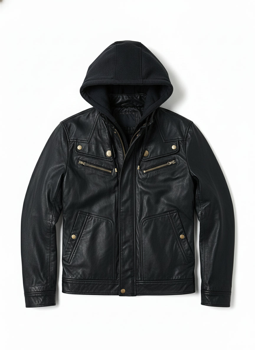 close-up-lay-flat - Biker Motorcycle Winter Hooded Leather Jacket, Men Hooded Jacket