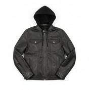 close-up-lay-flat - Black Leather Jacket with Hoodie, Men Winter Fashion Leather Jacket