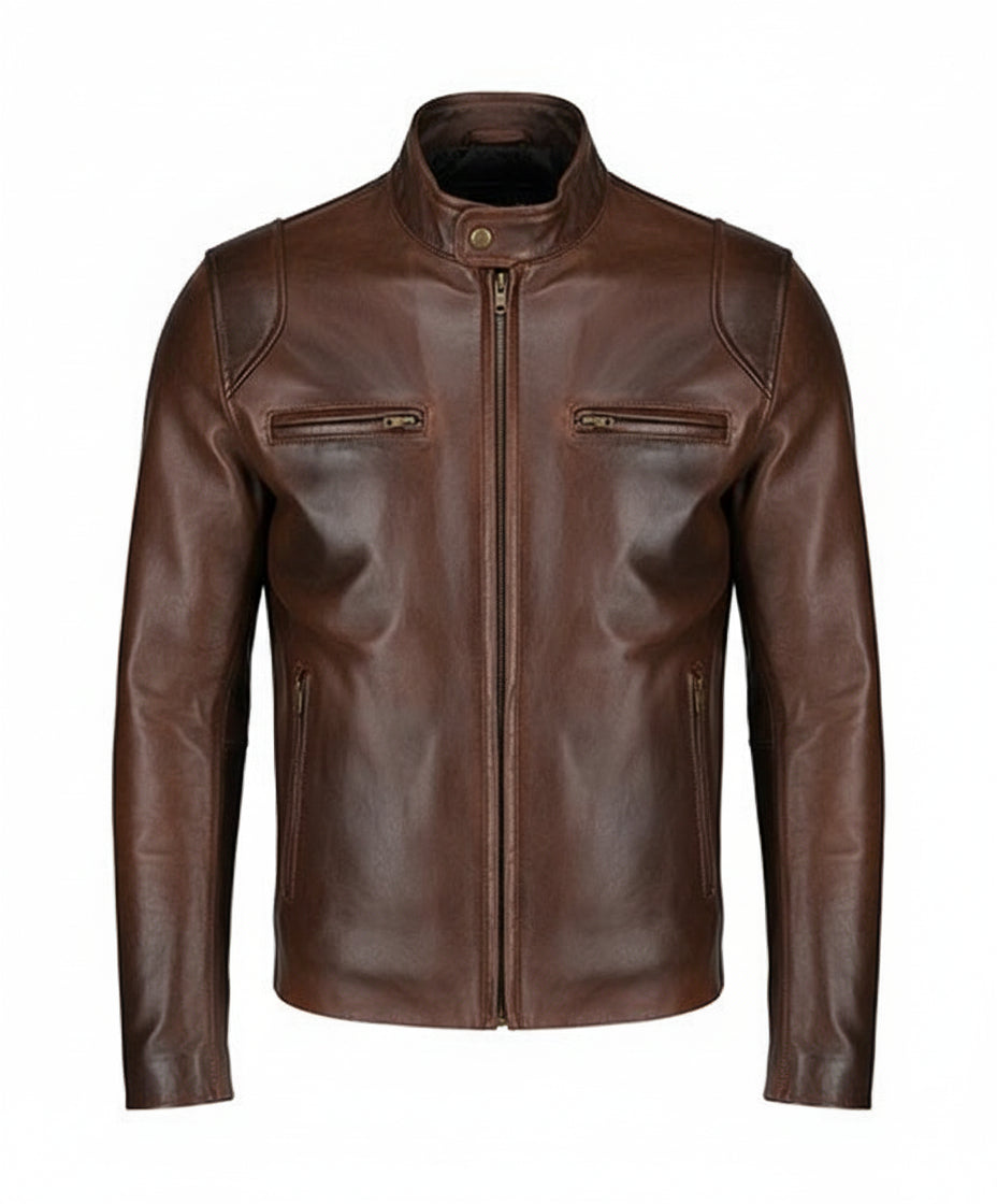 close-up-lay-flat - Classic Men antique Brown leather bomber jacket, Men biker leather jacket