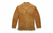 close-up-lay-flat - Cowboy Suede Leather Jacket for Men, Tan Cowboy Fringe Jacket, Stylish Western Jacket for Men