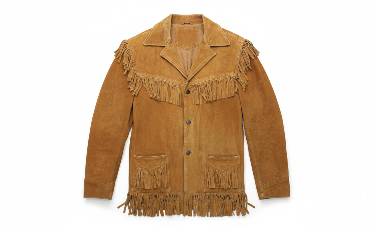 close-up-lay-flat - Cowboy Suede Leather Jacket for Men, Tan Cowboy Fringe Jacket, Stylish Western Jacket for Men