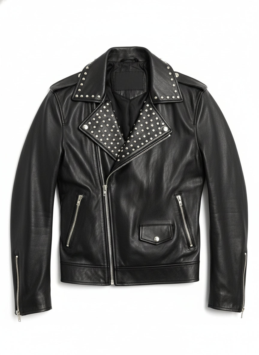 close-up-lay-flat - Fashion Leather Silver Studded Real Soft Leather Biker Style Jacket For Men