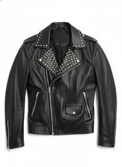 close-up-lay-flat - Fashion Leather Silver Studded Real Soft Leather Biker Style Jacket For Men