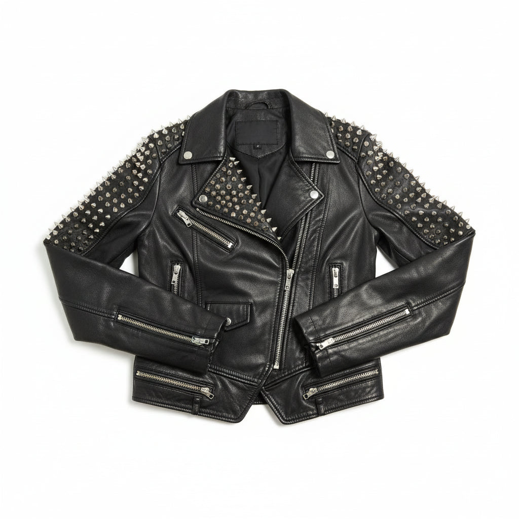 close-up-lay-flat - Gothic Women Black Leather Fashion Studded Jacket, Rock Fashion Jacket
