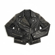 close-up-lay-flat - Gothic Women Black Leather Fashion Studded Jacket, Rock Fashion Jacket