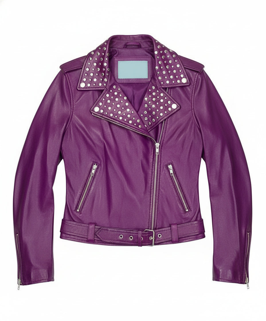 close-up-lay-flat - Gothic Women Purple Leather Studded Biker Jacket, Women Biker Jacket