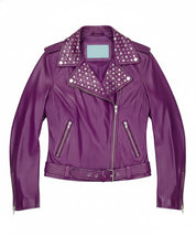 close-up-lay-flat - Gothic Women Purple Leather Studded Biker Jacket, Women Biker Jacket