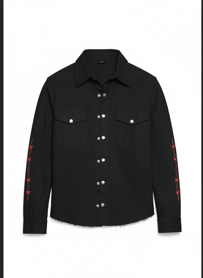 close-up-lay-flat - Hand sewn men denim devil jacket, Satan skull printed denim jean jacket