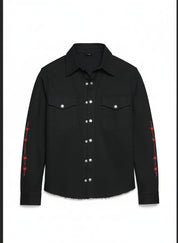 close-up-lay-flat - Hand sewn men denim devil jacket, Satan skull printed denim jean jacket