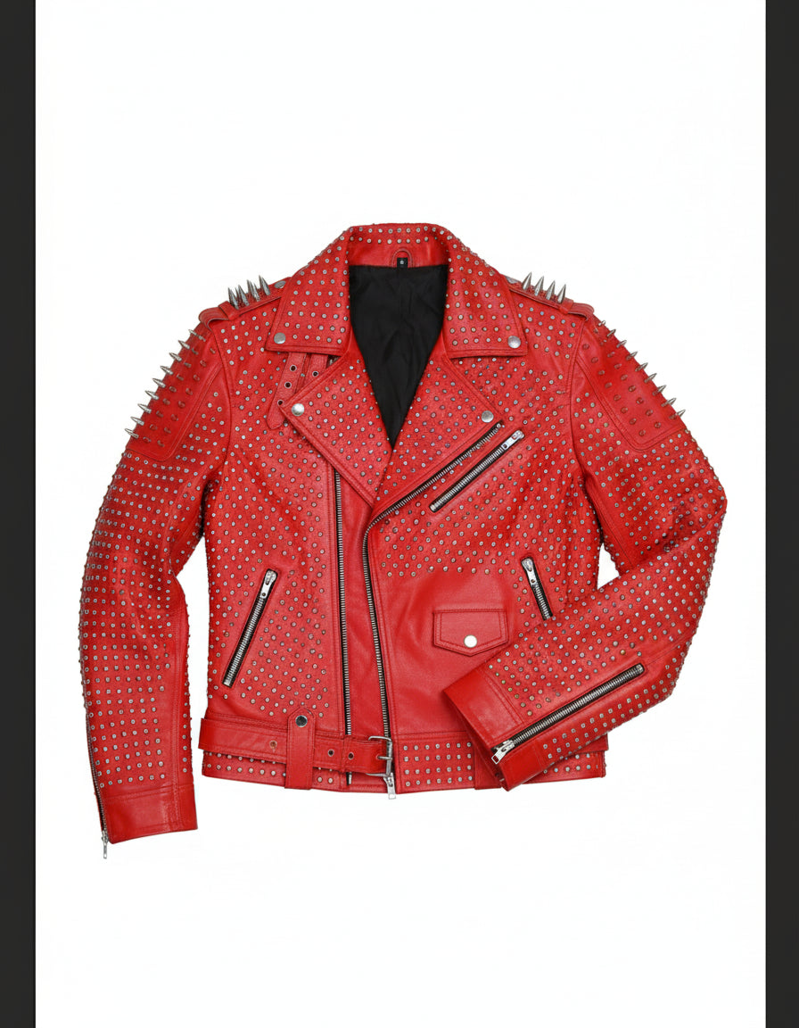 close-up-lay-flat - Hand Studded Red spiked leather jacket for men, Rivet Punk studded jacket