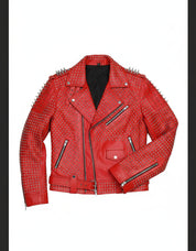 close-up-lay-flat - Hand Studded Red spiked leather jacket for men, Rivet Punk studded jacket