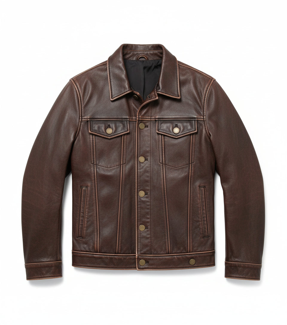 close-up-lay-flat - Handmade Brown Vintage Slim Fit Trucker Racer Biker Mens Cow Leather Jacket