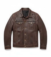 close-up-lay-flat - Handmade Brown Vintage Slim Fit Trucker Racer Biker Mens Cow Leather Jacket