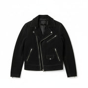 close-up-lay-flat - Handmade Men Front Zipper Fasten Black Suede Biker Jackets, Real Suede