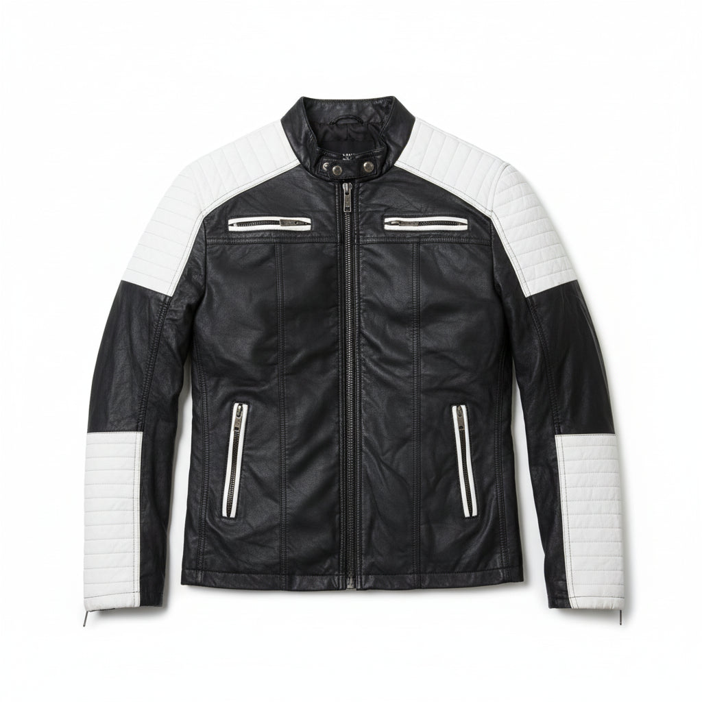 close-up-lay-flat - Handmade Mens black and white slim fit biker jacket, Men leather Jacket