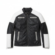 close-up-lay-flat - Handmade Mens black and white slim fit biker jacket, Men leather Jacket