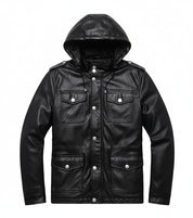 close-up-lay-flat - Handmade Mens Black Biker hooded leather jacket, Black sheep leather jacket
