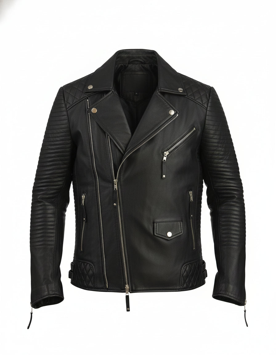 close-up-lay-flat - Handmade Men's Black Biker Leather Jacket, Black Sheep Leather Motorcycle Jacket for Men