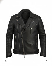 close-up-lay-flat - Handmade Men's Black Biker Leather Jacket, Black Sheep Leather Motorcycle Jacket for Men