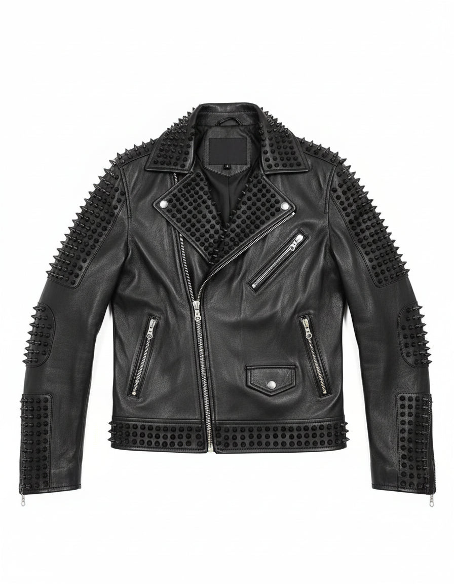 close-up-lay-flat - Handmade Men's Black Studded Punk Style Black Biker Rock Design Jacket