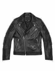 close-up-lay-flat - Handmade Men's Black Studded Punk Style Black Biker Rock Design Jacket