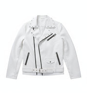 close-up-lay-flat - Handmade Mens Fashion White Biker Jacket, Mens White Studded belted Jacket