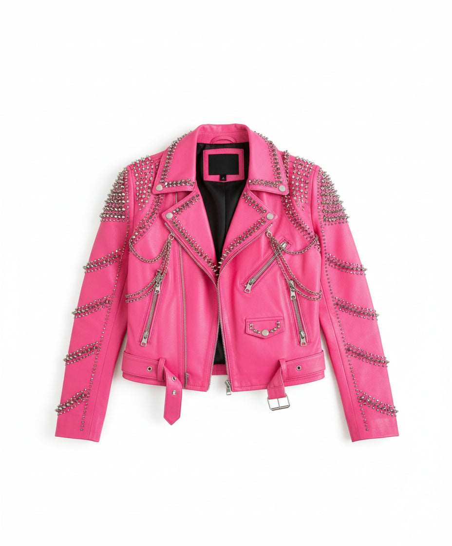 close-up-lay-flat - Handmade women pink punk style jacket, leather gothic rivet rock jacket