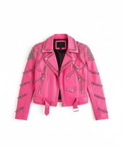 close-up-lay-flat - Handmade women pink punk style jacket, leather gothic rivet rock jacket