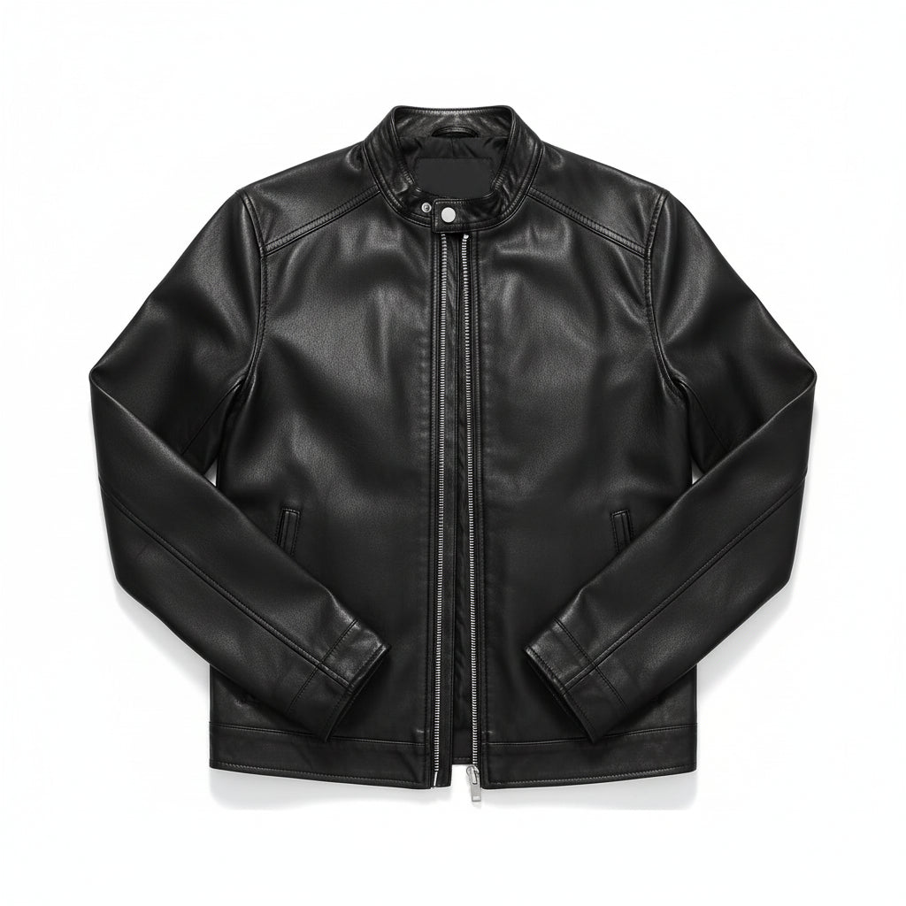 close-up-lay-flat - Made to order Men black Slim fit leather jacket, black biker jacket for men