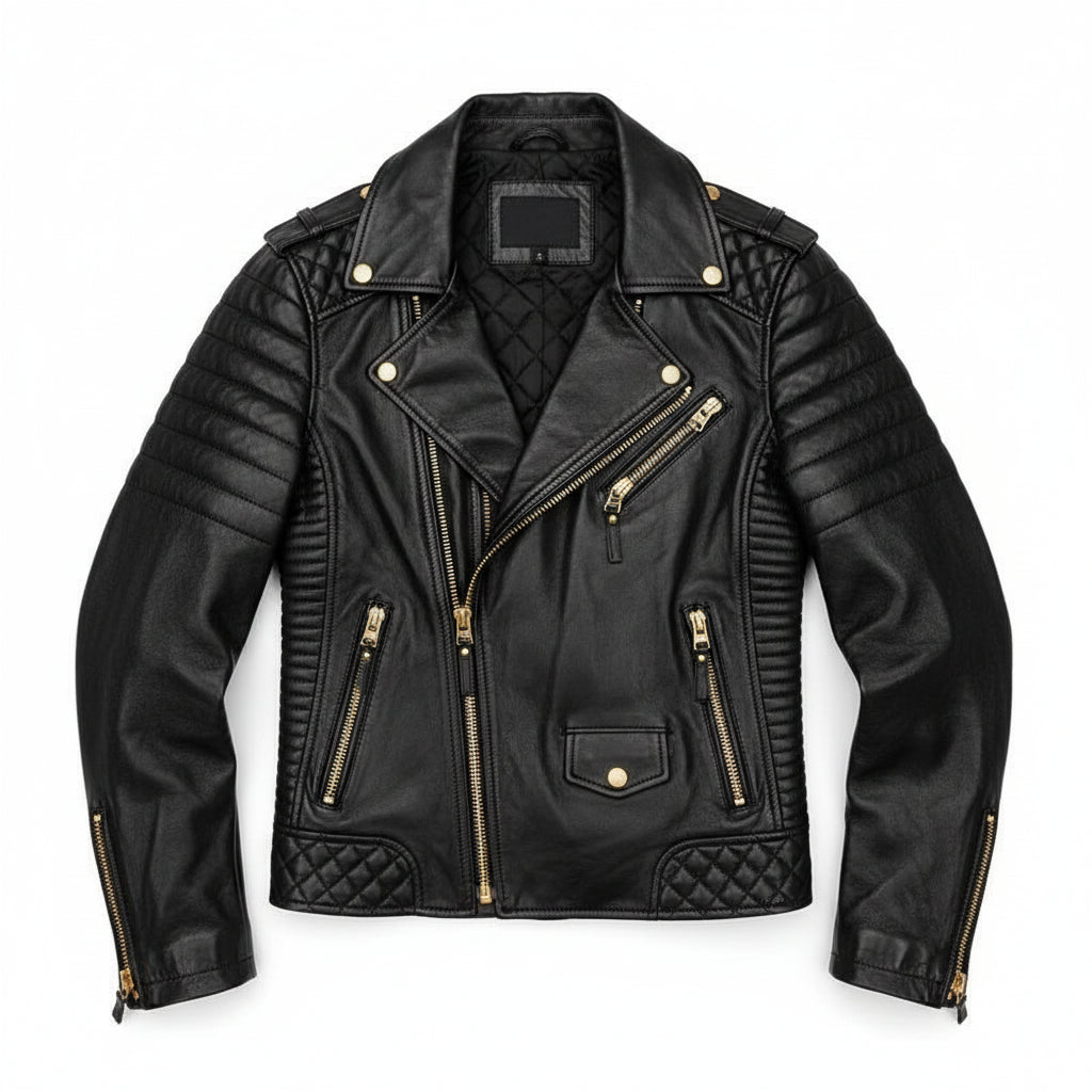 close-up-lay-flat - Man Black Motorcycle Fashion Leather Jacket Men Biker Style Fashion Jacket