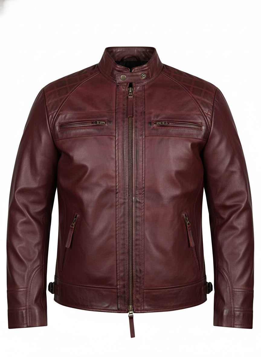 close-up-lay-flat - Maroon Leather Biker Jacket for Men,Leather Fashion Jacket, Racers Jacket