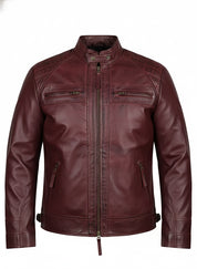 close-up-lay-flat - Maroon Leather Biker Jacket for Men,Leather Fashion Jacket, Racers Jacket