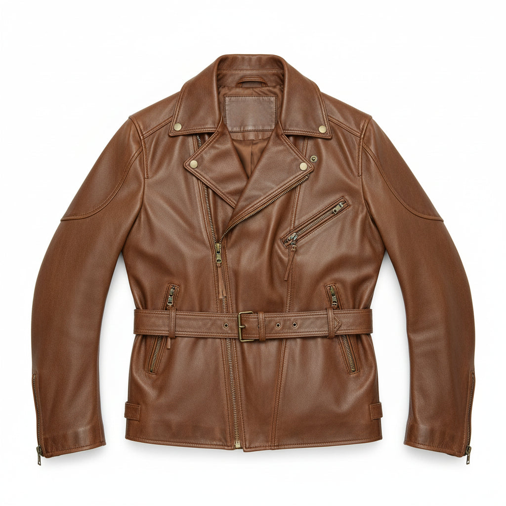 close-up-lay-flat - Men Antique Brown Coat Style Belted Leather Jacket with Multiple pockets