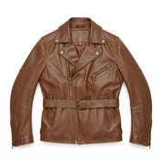 close-up-lay-flat - Men Antique Brown Coat Style Belted Leather Jacket with Multiple pockets