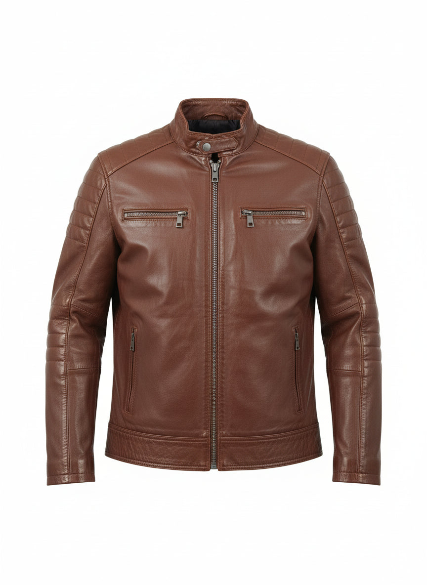 close-up-lay-flat - Men antique Brown leather bomber jacket, Men biker leather jacket