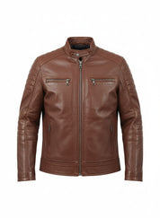 close-up-lay-flat - Men antique Brown leather bomber jacket, Men biker leather jacket