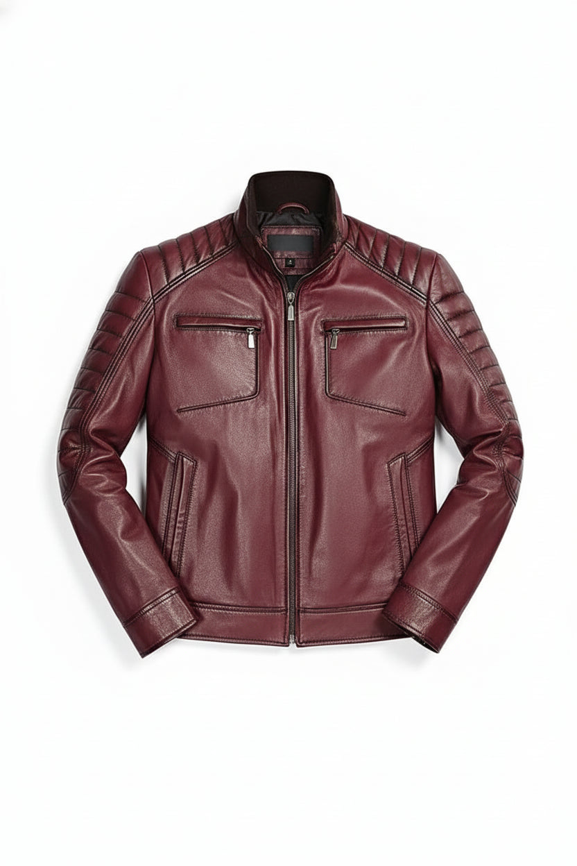 close-up-lay-flat - Men Antique maroon color leather jacket, Men maroon biker jacket