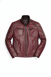 close-up-lay-flat - Men Antique maroon color leather jacket, Men maroon biker jacket