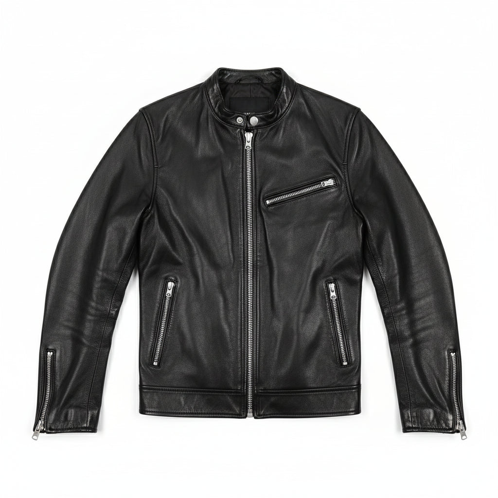 close-up-lay-flat - Men black biker jacket, Motorcycle jacket for men, Men leather jacket