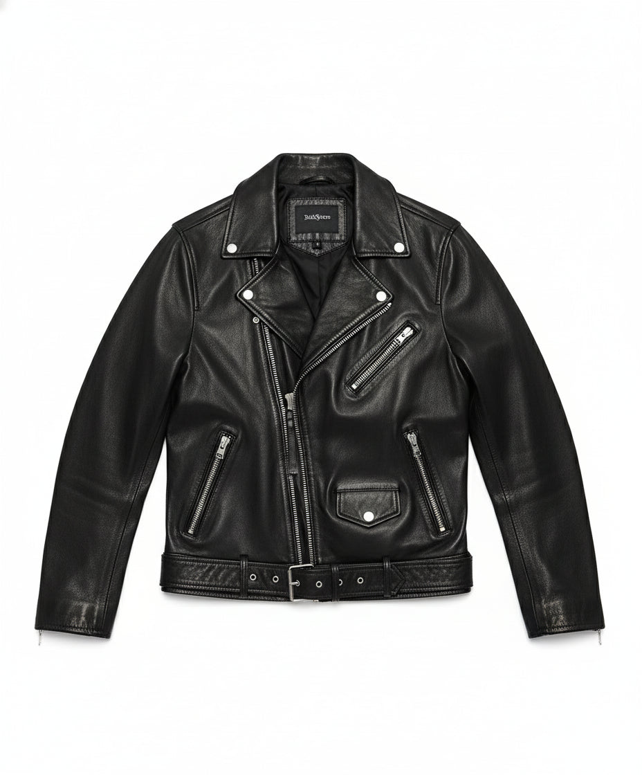 close-up-lay-flat - Men black biker leather Jacket, Men motorcycle jacket, biker jacket for men