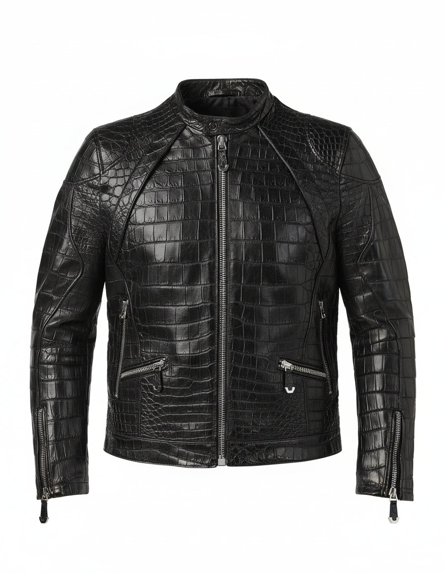 close-up-lay-flat - Men Black Crocodile Embossed Pattern leather Jacket , Men Leather jacket