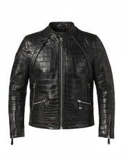 close-up-lay-flat - Men Black Crocodile Embossed Pattern leather Jacket , Men Leather jacket